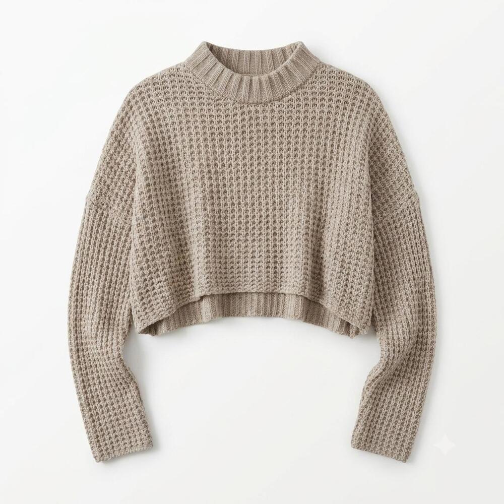 Beige Waffle Knit Cropped Mock Neck Sweater